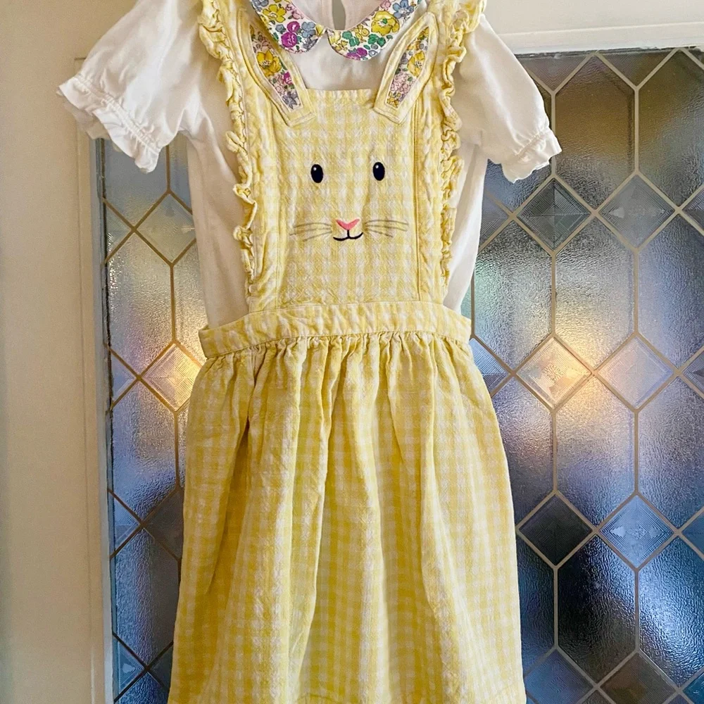Mini Boden Yellow and White Checkered Pinafore Floral-Trim Dress - Picture 4 of 4